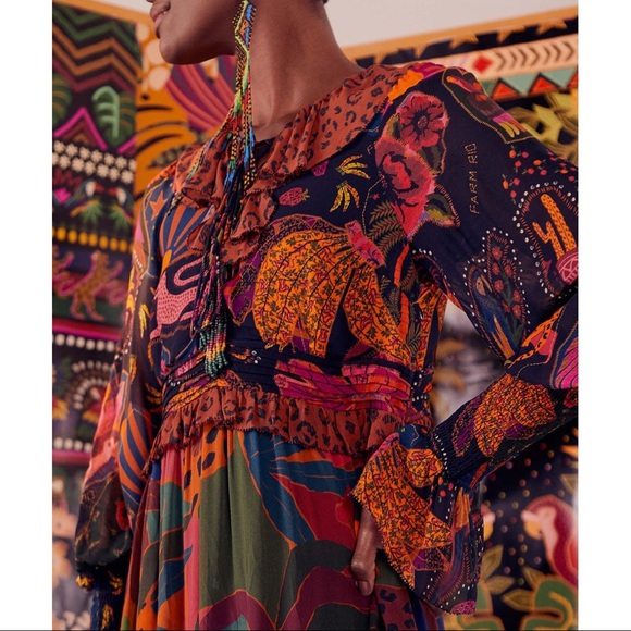 FARM RIO Mixed Leopards Jungle Long Sleeve Midi Dress (NWT) - Picture 4 of 16